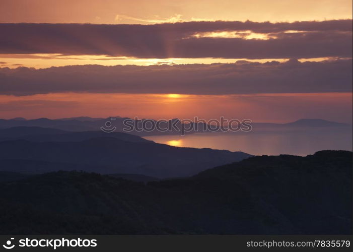 Sunrise over eastern Black sea coast. Demerdzhi area, Crimea, Ukraine