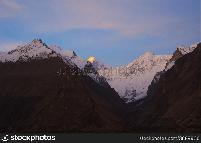 Sunrise over mountain peak Northern area of Pakistan