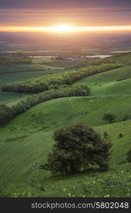 Sunrise over rolling English countryside landscape in Spring