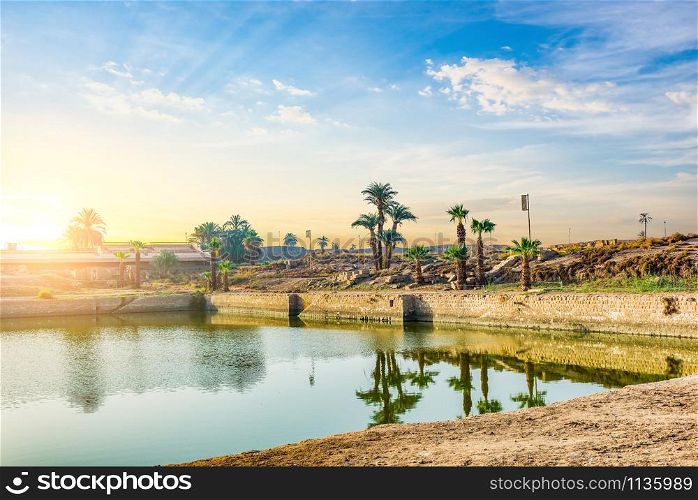 Sunrise over Sacred lake in Karnak Temple, Luxor. Sacred lake in Karnak Temple
