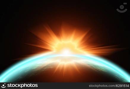 Sunrise over the planet. View from space. illustration