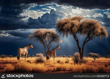 Sunrise over the savannah and grass fields in South Africa with cloudy sky. Neural network AI generated art. Sunrise over the savannah and grass fields in South Africa with cloudy sky. Neural network AI generated