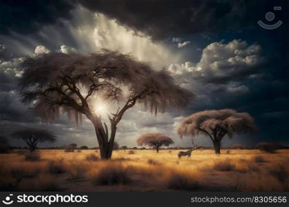 Sunrise over the savannah and grass fields in South Africa with cloudy sky. Neural network AI generated art. Sunrise over the savannah and grass fields in South Africa with cloudy sky. Neural network AI generated