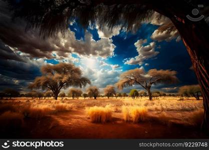 Sunrise over the savannah and grass fields in South Africa with cloudy sky. Neural≠twork AI≥≠rated art. Sunrise over the savannah and grass fields in South Africa with cloudy sky. Neural≠twork AI≥≠rated
