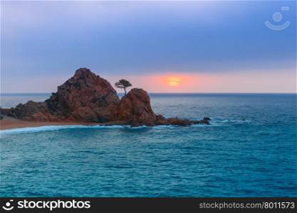 Sunrise over the sea and the beach, in the foreground rocks and trees at Gran Platja beach and Badia de Tossa bay in Tossa de Mar on Costa Brava, Catalunya, Spain