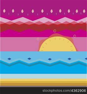 Sunrise over the sea on a Traditional American Indian pattern