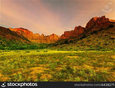 Sunrise scene over the Towers of the Virgin in Zion Canyon National Park, Utah.