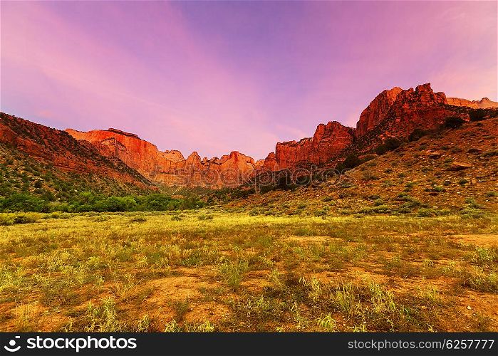 Sunrise scene over the Towers of the Virgin in Zion Canyon National Park, Utah.