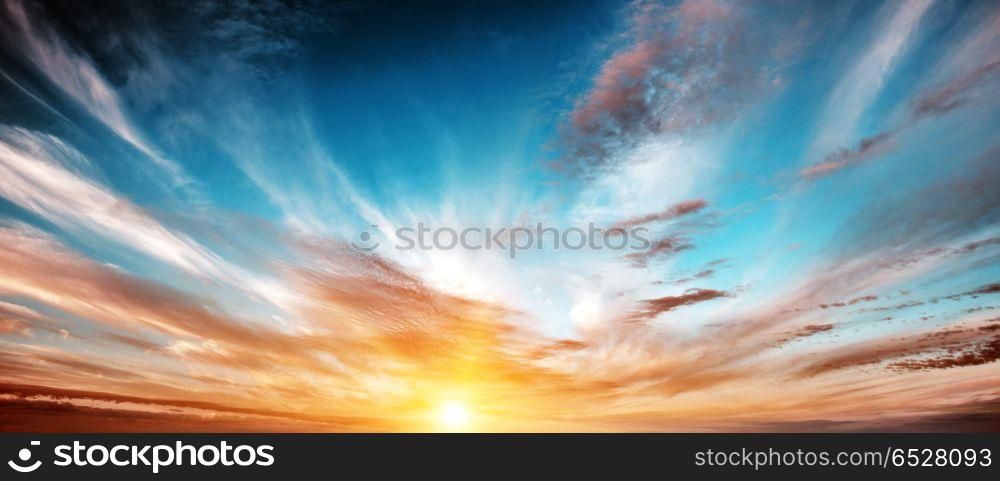 Sunrise summer sky panorama. Art air clouds background. Sunrise summer sky panorama. Sunrise summer sky panorama