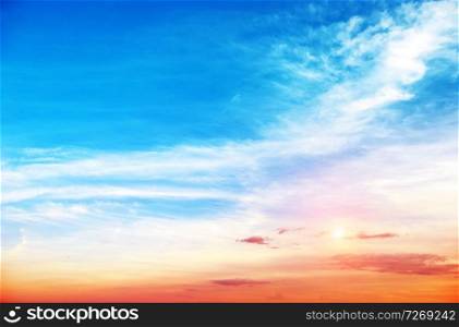 Sunrise summer sky panorama. Art air clouds background. Sunrise summer sky panorama