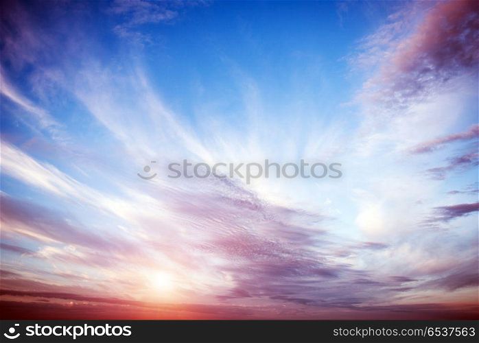 Sunrise summer sky panorama. Sunrise summer sky panorama. Art air clouds background. Sunrise summer sky panorama
