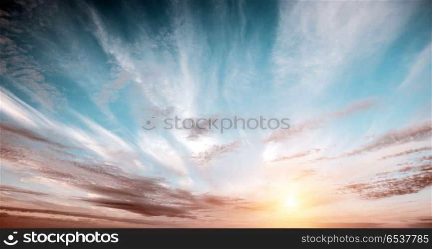 Sunrise summer sky panorama. Sunrise summer sky panorama. Art air clouds background. Sunrise summer sky panorama