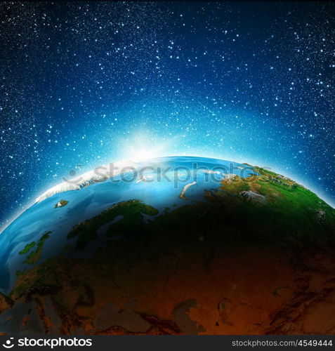 Sunrise. Sun rising above Earth planet. Conceptual photo. Elements of this image are furnished by NASA