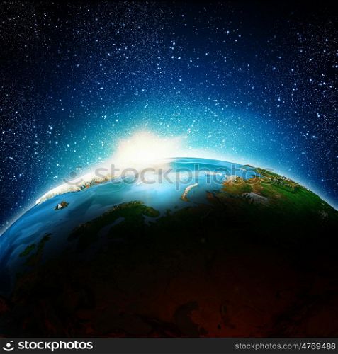 Sunrise. Sun rising above Earth planet. Conceptual photo. Elements of this image are furnished by NASA