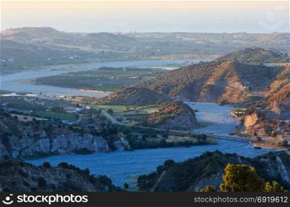 Sunrise valley near old medieval Stilo famos Calabria village view, southern Italy.