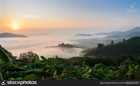 Sunrise with sea of fog above Mekong river at Phu Huai Isan mountain viewpoint in Nong Khai Province, Thailand