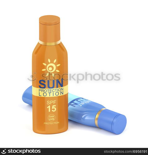 Sunscreen and after sun lotions on white background, 3D illustration