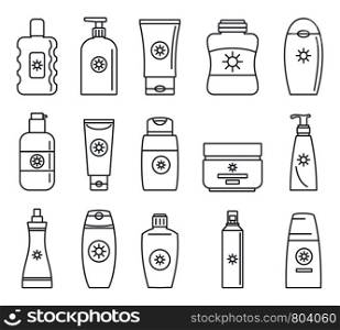 Sunscreen bottle icon set. Outline set of sunscreen bottle vector icons for web design isolated on white background. Sunscreen bottle icon set, outline style