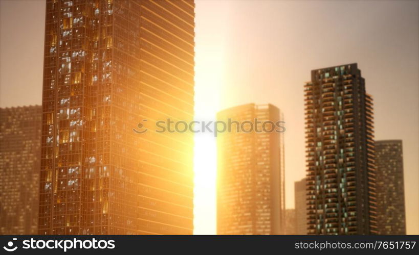 sunset aerial shot of skyscrapers of business centre