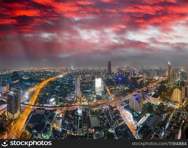 Sunset aerial view of Bangkok skyline, Thailand.