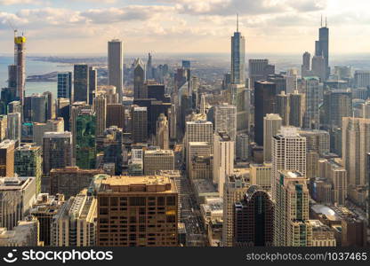 Sunset Aerial view of Chicago Skylines building at Chicago downtown in Chicago City Illinois USA. Looking to the south of Chicago.