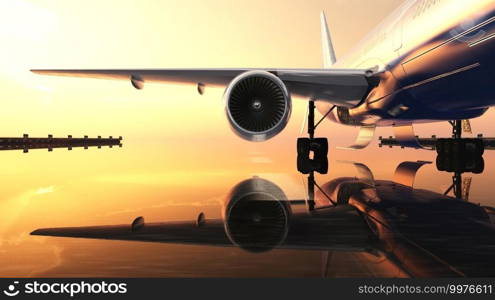 sunset and passenger plane in 3d