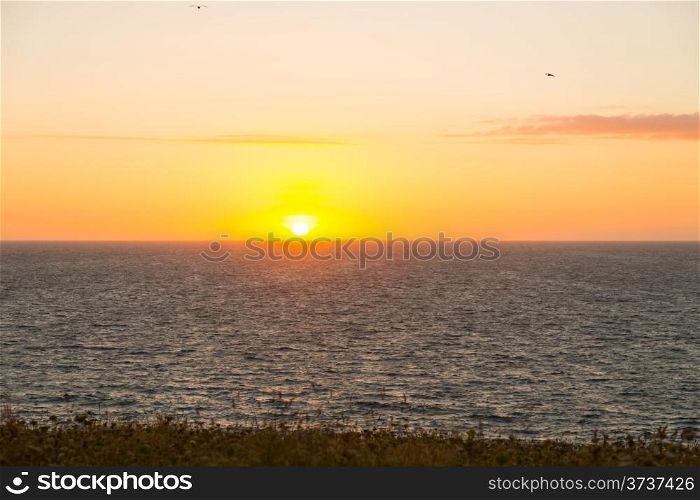 Sunset as seen from the top of a hill overlooking the sea