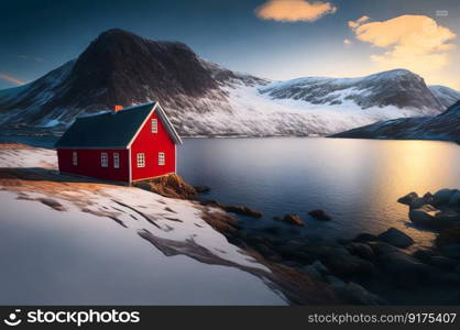 Sunset at a lone red house by a lake. Generative AI.