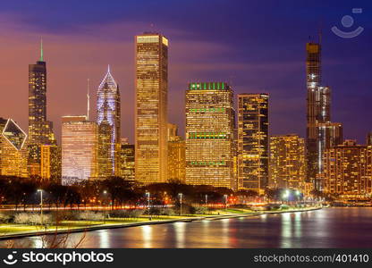 Sunset at Chicago Skylines building at Chicago downtown along Lake Michigan in Chicago City Illinois USA.