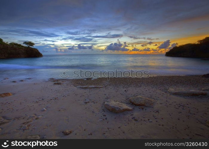 Sunset at Jeremi beach on Curacao, Caribbean . Sunset on Curacao