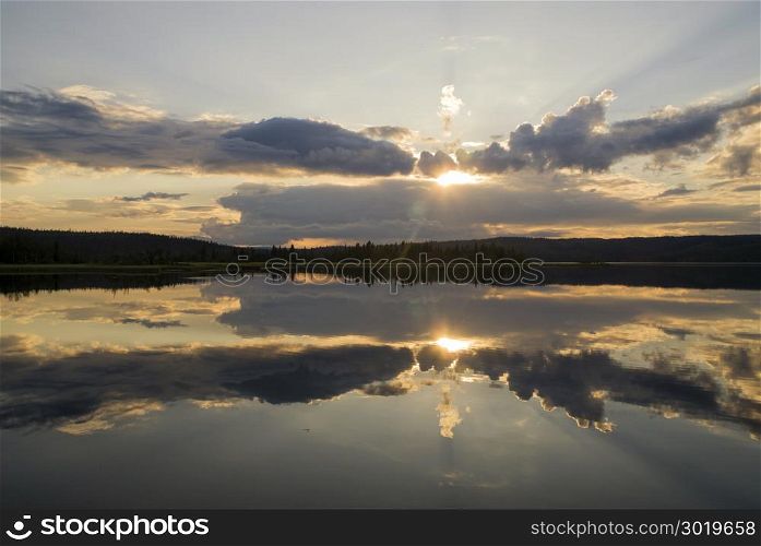 Sunset at lake Raudsjon near Gausdal in Norway. Lake Raudsjon in Norway