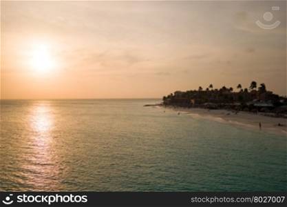 Sunset at Manchebo beach on Aruba island in the Caribbean Sea