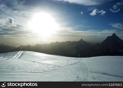 Sunset at Zermatt ski resort, in background the Matterhorn, Swiss