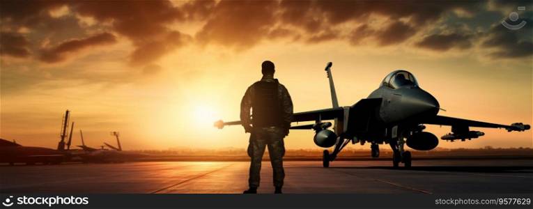 Sunset Backlit View of Military Fighter Jet Pilot Beside Plane