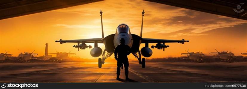 Sunset Backlit View of Military Fighter Jet Pilot Beside Plane