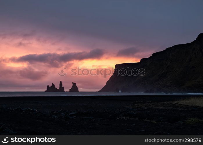 Sunset from Reynisdrangar black beach in Vik, Iceland. Sunset in Vik, Iceland