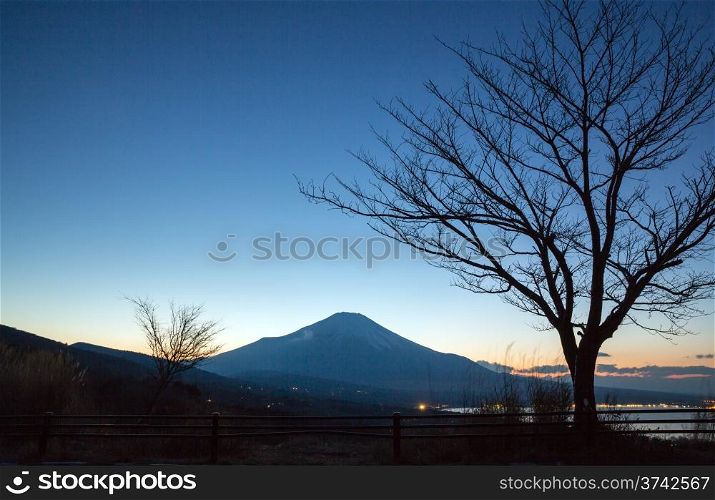 Sunset Fuji fujisan at dusk from yamanaka lake at Yamanashi Japan