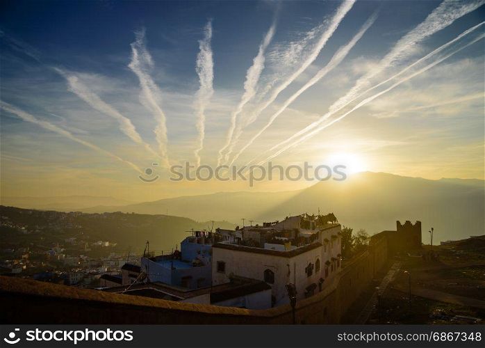 Sunset in Chefchaouen, the blue city in the Morocco.. Chefchaouen, the blue city in the Morocco is a popular travel destination