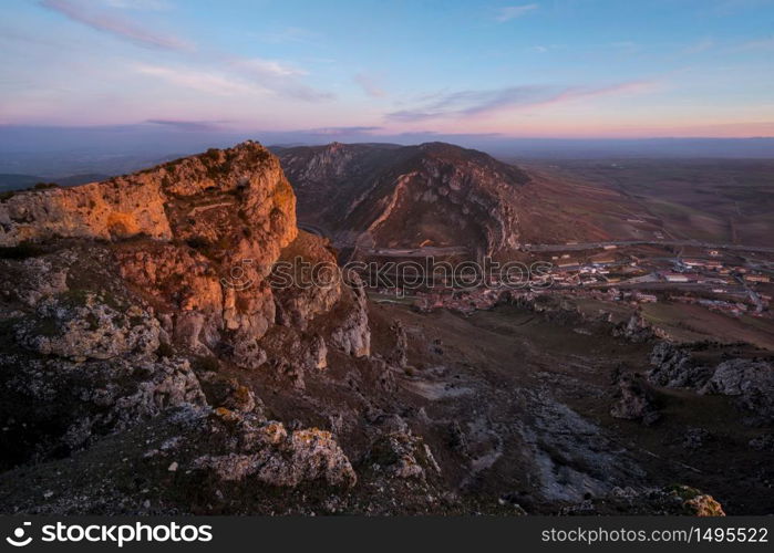 Sunset in mountain landscape, Pancorbo, Burgos, Spain.