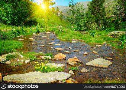 Sunset in mountains and a picturesque stream