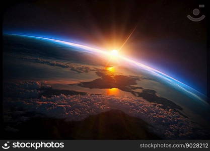 Sunset in Space on Earth Horizont. Generative AI. High quality illustration. Sunset in Space on Earth Horizont. Generative AI