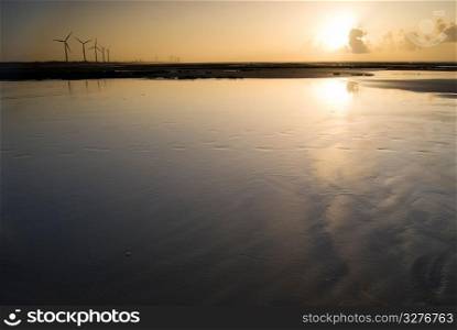 Sunset in the beach. Seashore with wind power generator.