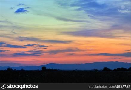Sunset in the Carpathian mountains from countryside