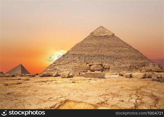 Sunset in the desert and the Pyramid of Khafre, Egypt.. Sunset in the desert and the Pyramid of Khafre, Egypt