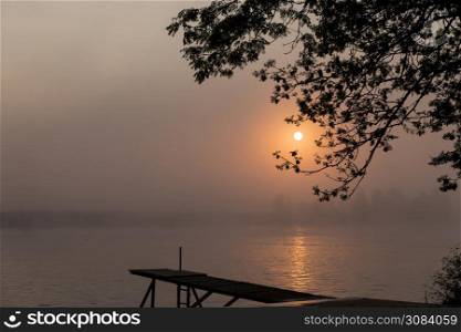 sunset in the early morning over the river maas in limburg in holland with the trees mist and hazy fog and wooden jetty as forground