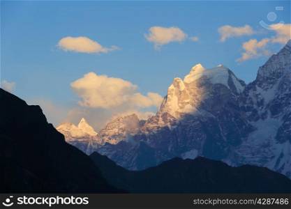sunset in the mountains Himalayas, Thamserku, Kantaiga, Nepal.