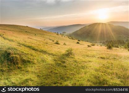 Sunset in the mountains. Sunset in mountains with forest, green grass and big shining sun on dramatic sky