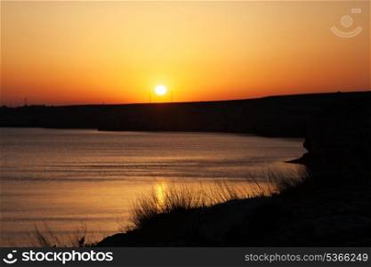 Sunset in the sea bay with grass silhouette&#xA;