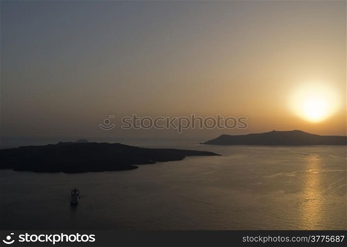 Sunset in Thira at Santorini island in Greece.
