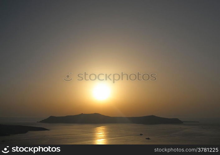 Sunset in Thira at Santorini island in Greece.